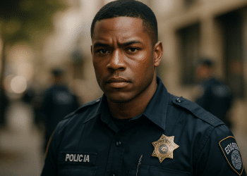 Policial fardado com distintivo dourado e expressão séria representando profissionalismo da carreira militar estadual