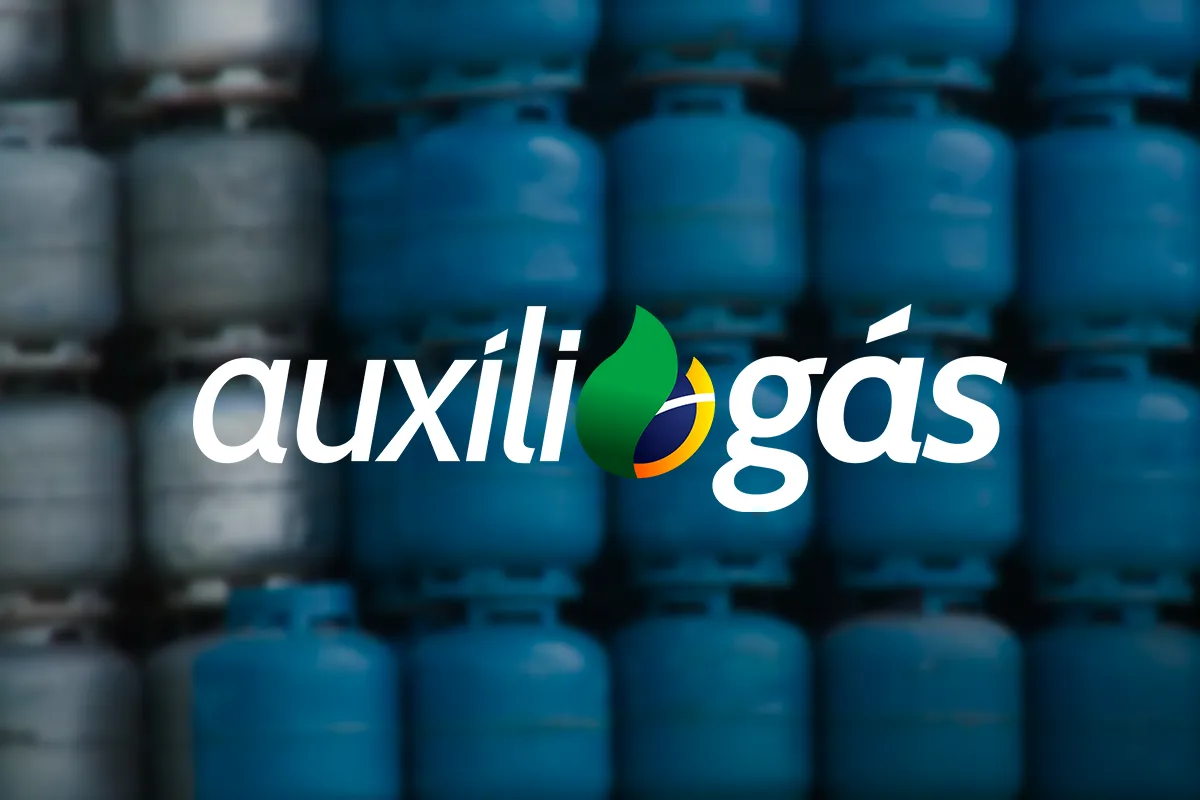 Logo Auxílio Gás com botijões de gás azul ao fundo desfocado