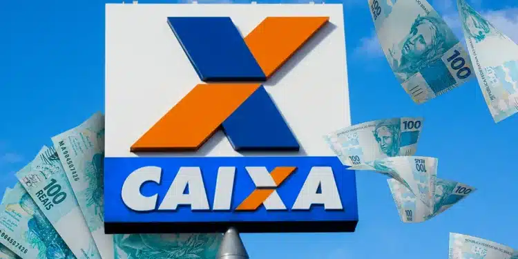 Placa da Caixa Econômica com cédulas de 100 reais ao redor em fundo de céu azul