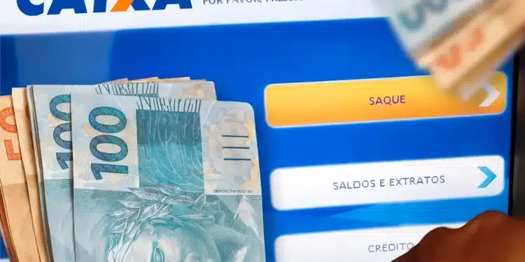 Terminal de autoatendimento Caixa mostrando cédulas de cem reais representando Pix de até R$ 1.000 disponível durante o ano