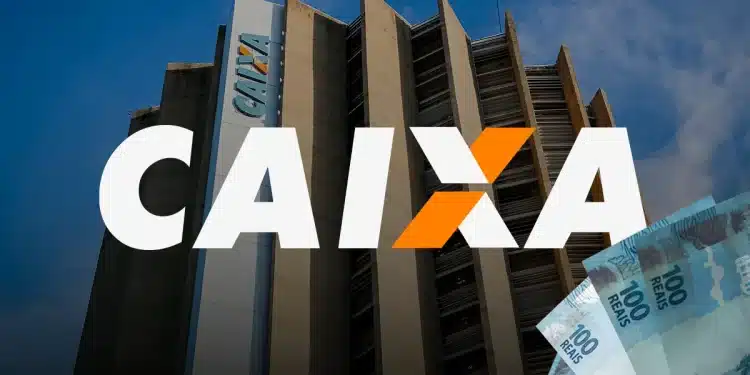 Fachada do edifício sede da Caixa Econômica Federal com logotipo em destaque e cédulas de cem reais ilustrando benefício disponível