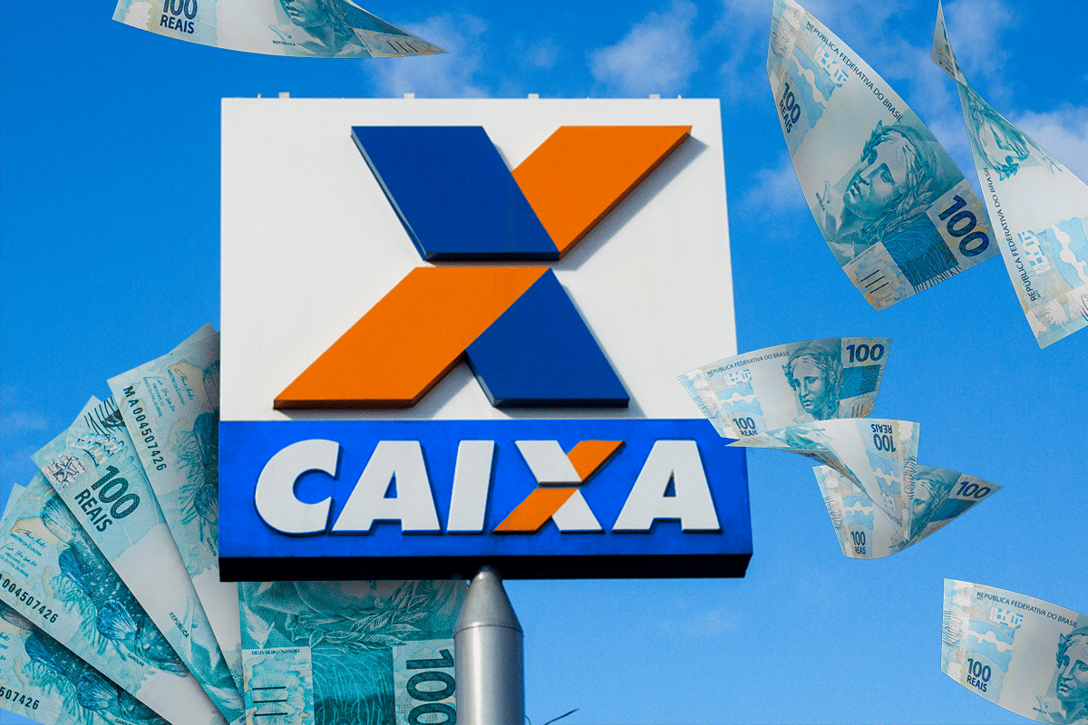 Logotipo da CAIXA com notas de 100 reais ao fundo representando benefício de R$ 6.220