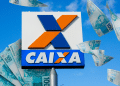 Logo da CAIXA com cédulas de cem reais representando saque de R$ 6.200