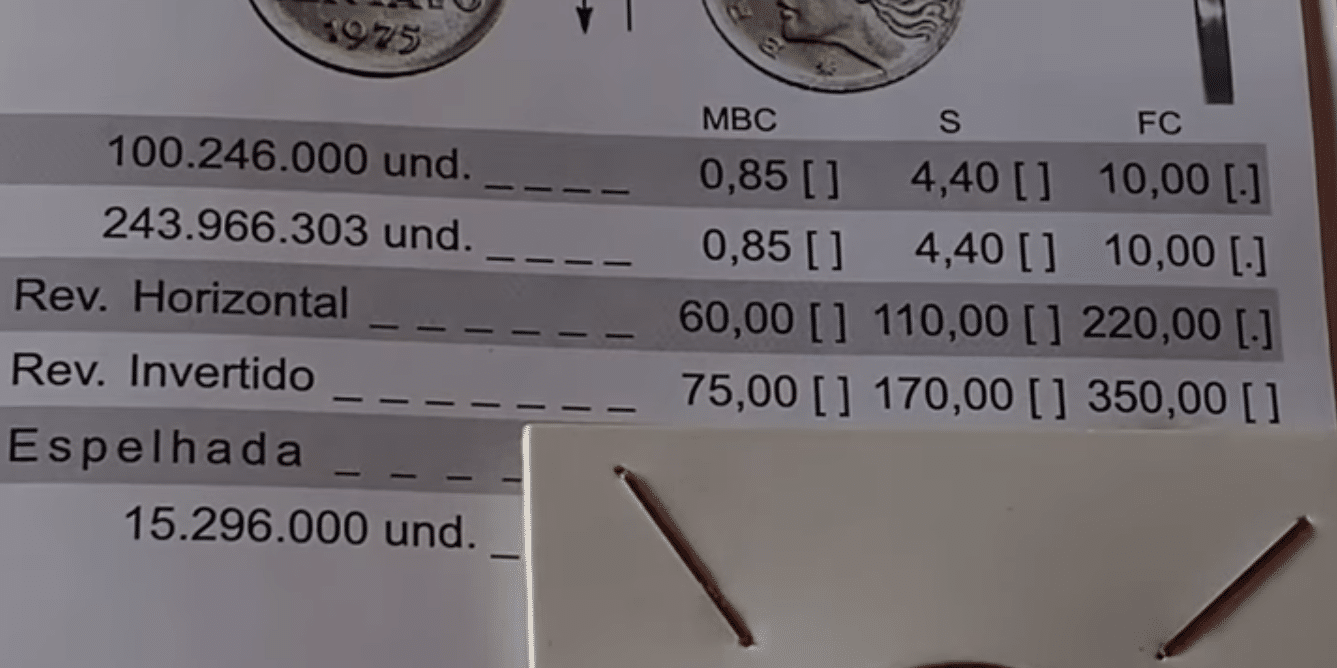 Tabela de catálogo numismático mostrando os valores da moeda de 1 centavo, destacando as cotações de R$ 220,00 (Reverso Horizontal) e R$ 350,00 (Reverso Invertido) no estado Flor de Cunho (FC).