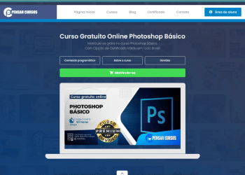 Notebook exibindo a página do curso Photoshop Básico da Pensar Cursos, com informações sobre 50 horas de conteúdo, certificado e o logo do Adobe Photoshop.