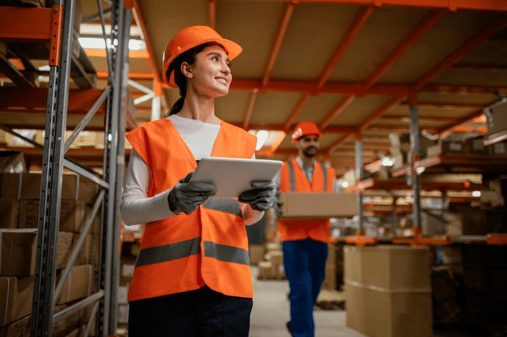 Técnica de Segurança do Trabalho feminina inspecionando um armazém com tablet, simbolizando a fiscalização e a modernização da área.