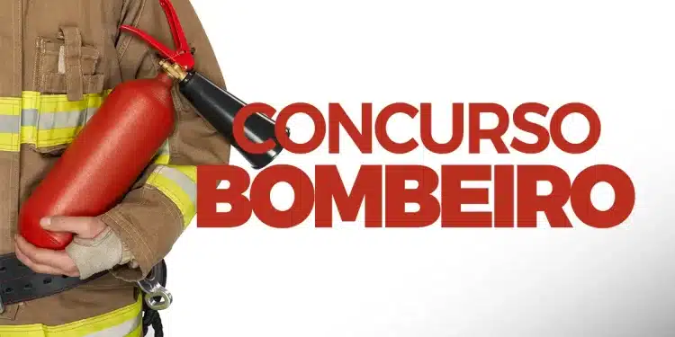 Bombeiro segurando extintor de incêndio com uniforme completo ao lado do texto concurso bombeiro.
