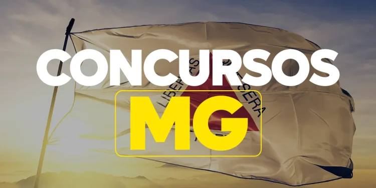 Bandeira de Minas Gerais ao pôr do sol com texto Concurso MG em destaque