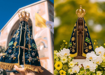Imagens duplas da Nossa Senhora Aparecida em ambientes externos e florais, celebrando o dia da Padroeira do Brasil e a força das orações dos devotos.