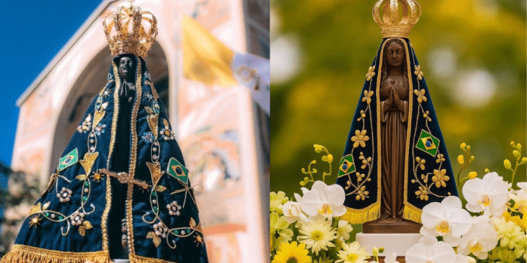 Imagens duplas da Nossa Senhora Aparecida em ambientes externos e florais, celebrando o dia da Padroeira do Brasil e a força das orações dos devotos.
