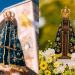 Imagens duplas da Nossa Senhora Aparecida em ambientes externos e florais, celebrando o dia da Padroeira do Brasil e a força das orações dos devotos.