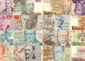 Um mosaico detalhado de várias cédulas antigas brasileiras, incluindo notas do Cruzeiro e Cruzado, destacando a raridade das peças sem carimbo procuradas por colecionadores.