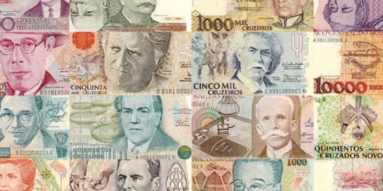 Um mosaico detalhado de várias cédulas antigas brasileiras, incluindo notas do Cruzeiro e Cruzado, destacando a raridade das peças sem carimbo procuradas por colecionadores.
