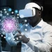 Homem negro usando óculos de realidade virtual com ícones digitais e cérebro de IA em holograma à frente