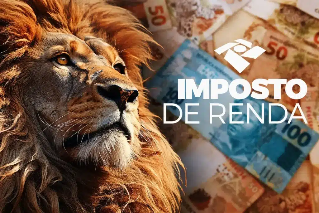 Leão simbolizando o Imposto de Renda, com notas de R$ 50 e R$ 100 ao fundo, ilustrando as mudanças nas faixas de tributação.