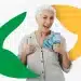Senhora idosa feliz com notas de cem reais na mão e polegares para cima, representando a satisfação com o pagamento do INSS.