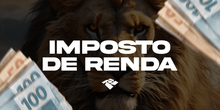 Imagem ilustrativa sobre o Imposto de Renda, com notas de dinheiro ao redor de um leão simbolizando a cobrança de tributos.