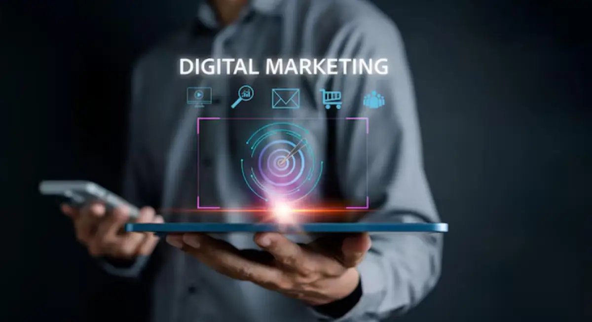 Imagem representativa de marketing digital, destacando estratégias e ferramentas como SEO, mídias sociais e análise de resultados