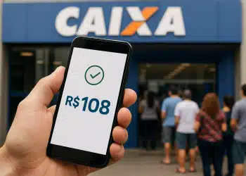 Pessoa segura celular com valor de R$108 em frente à agência da Caixa