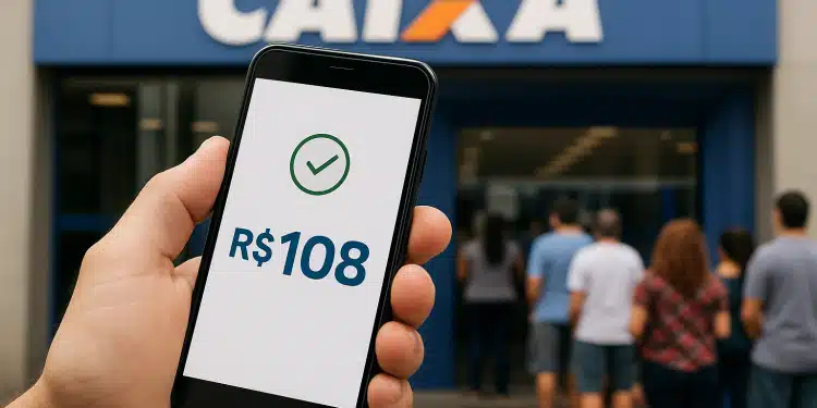 Pessoa segura celular com valor de R$108 em frente à agência da Caixa