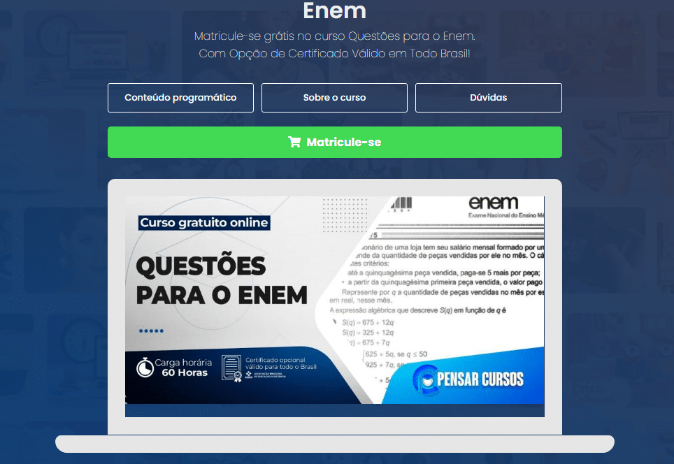 Banner promocional do curso gratuito online de questões para o Enem com 60 horas de carga horária e certificado opcional