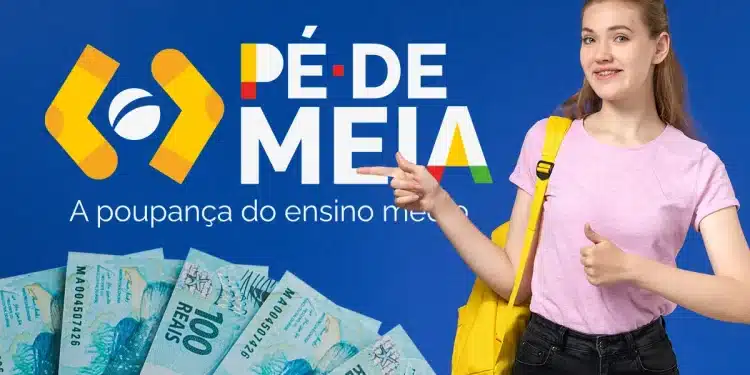 Estudante com mochila amarela comemora o incentivo financeiro do programa Pé-de-Meia ao lado de notas de cem reais e a logo do programa.