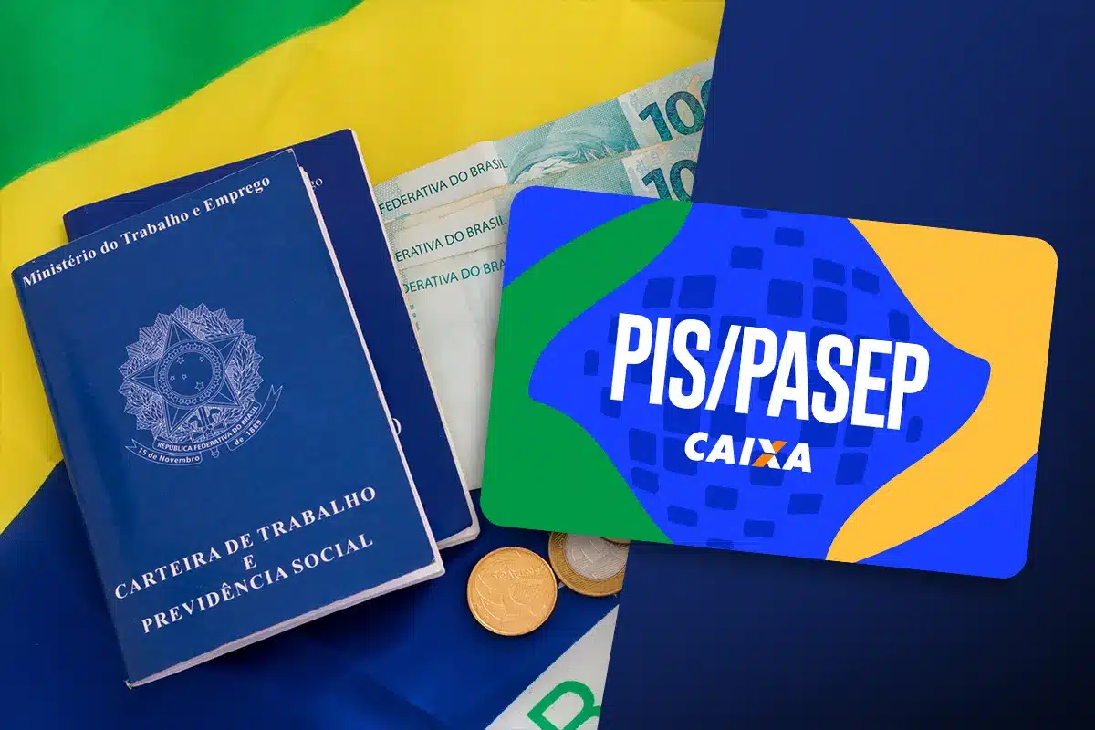 Cartão PIS/PASEP da Caixa, Carteira de Trabalho e notas de R$ 100 com a bandeira do Brasil ao fundo, representando as regras de elegibilidade do Abono Salarial.