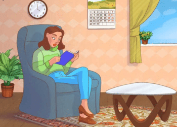 Mulher sentada em poltrona azul lendo livro com expressão surpresa em sala iluminada.