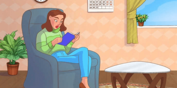 Mulher sentada em poltrona azul lendo livro com expressão surpresa em sala iluminada.