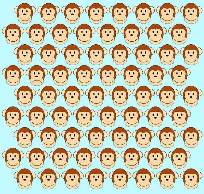 Macacos desenhados com expressões sorridentes e um macaco triste em padrão repetido azul claro.