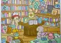 Ilustração colorida e nostálgica de uma livraria aconchegante com personagens animais lendo e explorando, no estilo popular de livros de colorir como 'Bobbie Goods'.
