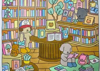Ilustração colorida e nostálgica de uma livraria aconchegante com personagens animais lendo e explorando, no estilo popular de livros de colorir como 'Bobbie Goods'.
