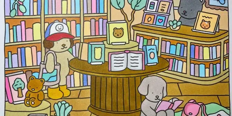 Ilustração colorida e nostálgica de uma livraria aconchegante com personagens animais lendo e explorando, no estilo popular de livros de colorir como 'Bobbie Goods'.