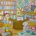 Ilustração colorida e nostálgica de uma livraria aconchegante com personagens animais lendo e explorando, no estilo popular de livros de colorir como 'Bobbie Goods'.