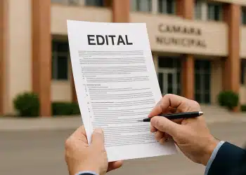 Pessoa segura um documento de edital com caneta em frente ao prédio da câmara municipal desfocado ao fundo.