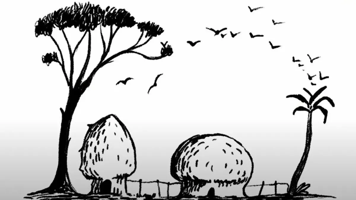 Desenho em preto e branco de urso em perfil contornado em vermelho, com árvores e casas no interior do contorno.