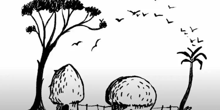 Desenho em preto e branco de urso em perfil contornado em vermelho, com árvores e casas no interior do contorno.