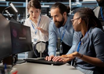 Equipe de profissionais de tecnologia, com expressões de preocupação e foco, trabalhando em torno de um monitor de computador, simbolizando a urgência e a atenção ao prazo final das inscrições do concurso da Prefeitura.