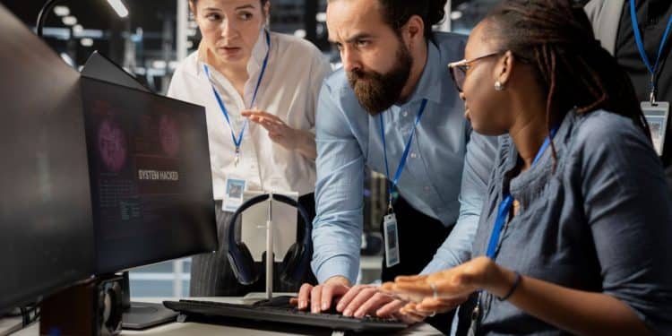 Equipe de profissionais de tecnologia, com expressões de preocupação e foco, trabalhando em torno de um monitor de computador, simbolizando a urgência e a atenção ao prazo final das inscrições do concurso da Prefeitura.