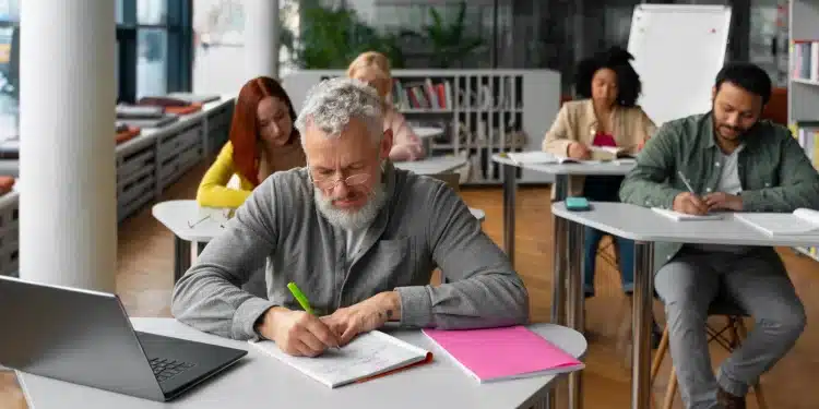 Grupo de adultos sentados em mesas em uma sala de aula moderna, focados em estudar e escrever em cadernos