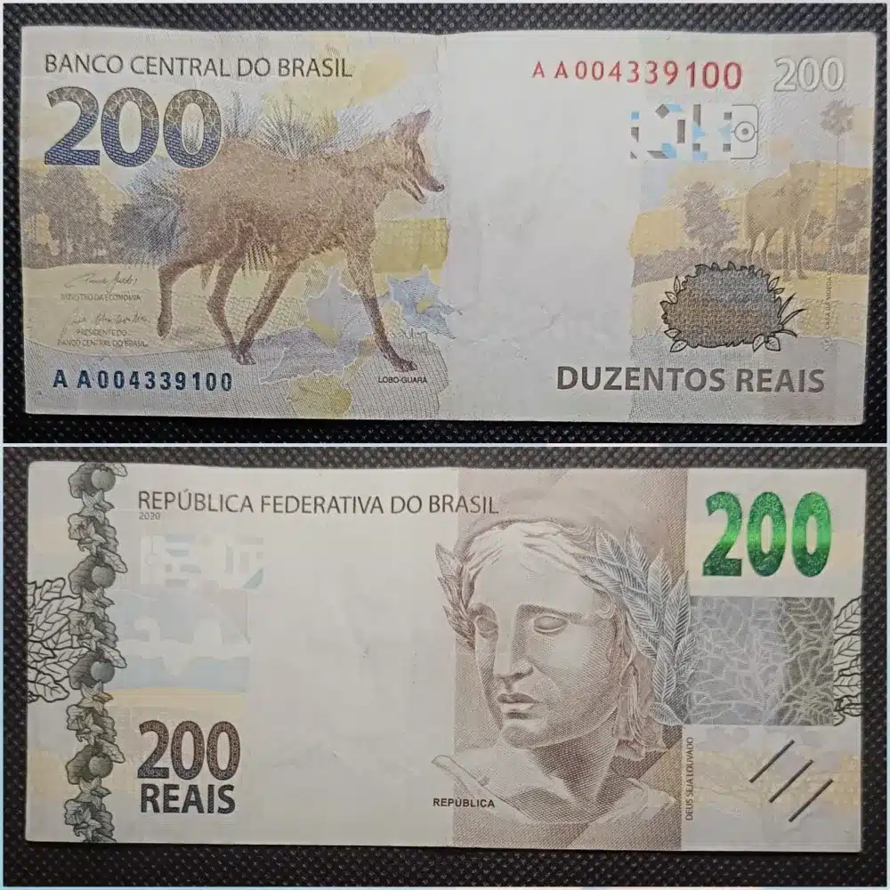 Frente e verso da cédula de R$ 200 reais, mostrando os itens de segurança como marca d'água e tinta de mudança de cor, que evitam a falsificação.