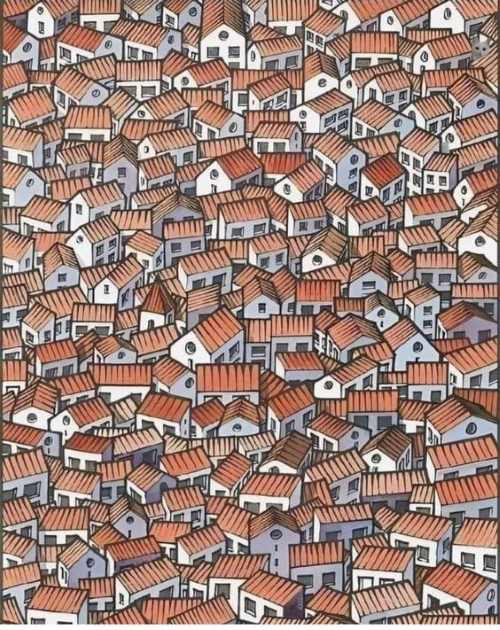 Desenho colorido com muitas casas pequenas com telhados vermelhos em estilo artístico detalhado.