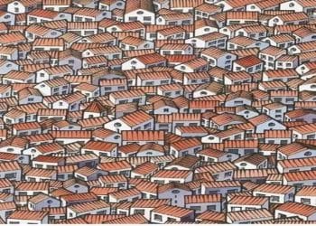Desenho colorido com muitas casas pequenas com telhados vermelhos em estilo artístico detalhado.