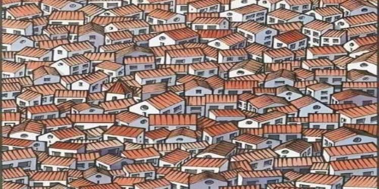 Desenho colorido com muitas casas pequenas com telhados vermelhos em estilo artístico detalhado.