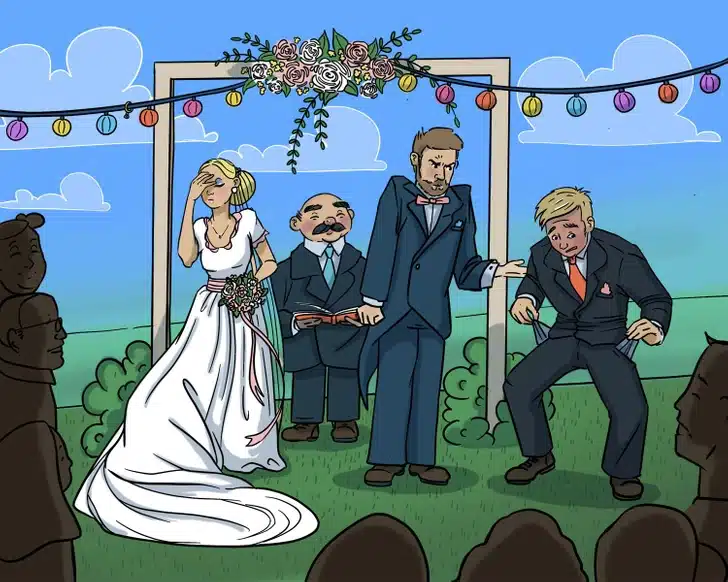 Encontre a aliança camuflada na imagem cômica de um casamento ao ar livre. Desafio visul com uma noiva olhando envergonhada, dois homens de terno desconfortáveis e um juiz em cerimônia de casamento ao ar livre
