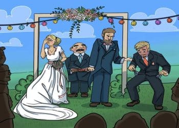 Desafio visul com uma noiva olhando envergonhada, dois homens de terno desconfortáveis e um juiz em cerimônia de casamento ao ar livre