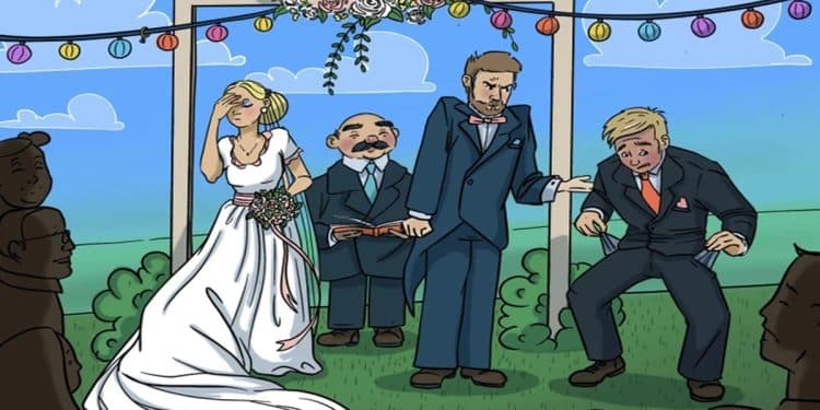 Desafio visul com uma noiva olhando envergonhada, dois homens de terno desconfortáveis e um juiz em cerimônia de casamento ao ar livre