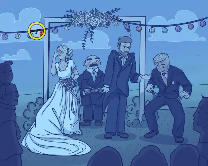 Ache a aliança escondida nesta cena engraçada em um casamento com noiva e convidados embaraçados Desafio visul com uma noiva olhando envergonhada, dois homens de terno desconfortáveis e um juiz em cerimônia de casamento ao ar livre