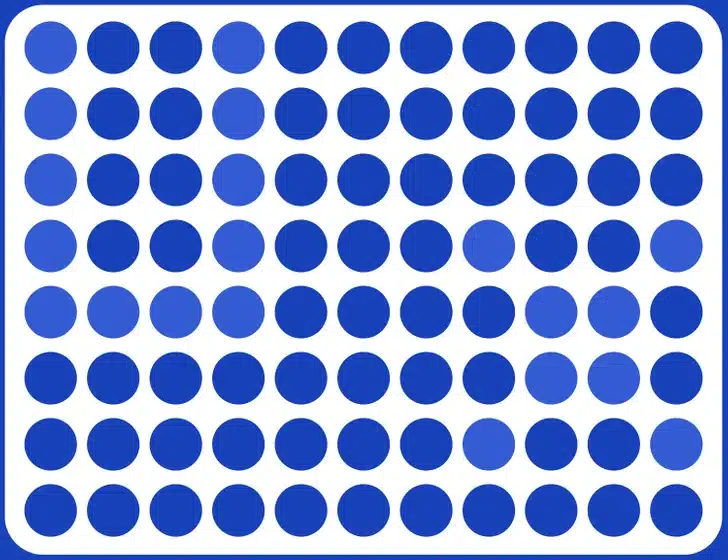 Encontre as letras U e X entre os círculos azuis claros e escuros organizados em linhas. Desafio visual com um padrão repetitivo de círculos em tons diferentes de azul formando linhas e colunas em fundo branco.