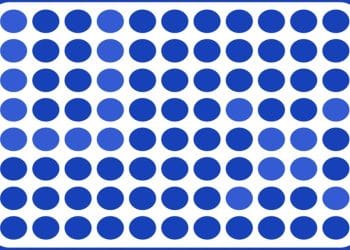 Desafio visual com um padrão repetitivo de círculos em tons diferentes de azul formando linhas e colunas em fundo branco.
